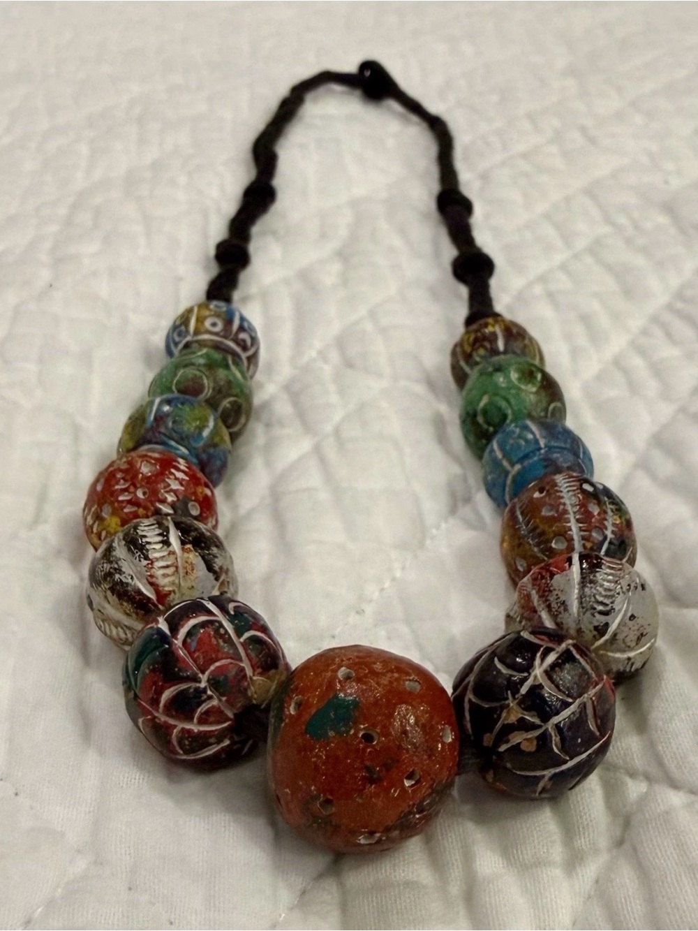 Old African 13 Painted Wood/Clay Beads Rare Unique Necklace 26” Vintage Jewelry